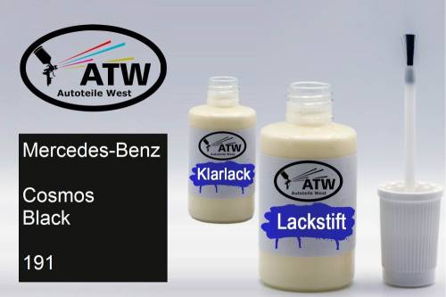 Mercedes-Benz, Cosmos Black, 191: 20ml Lackstift + 20ml Klarlack - Set, von ATW Autoteile West.